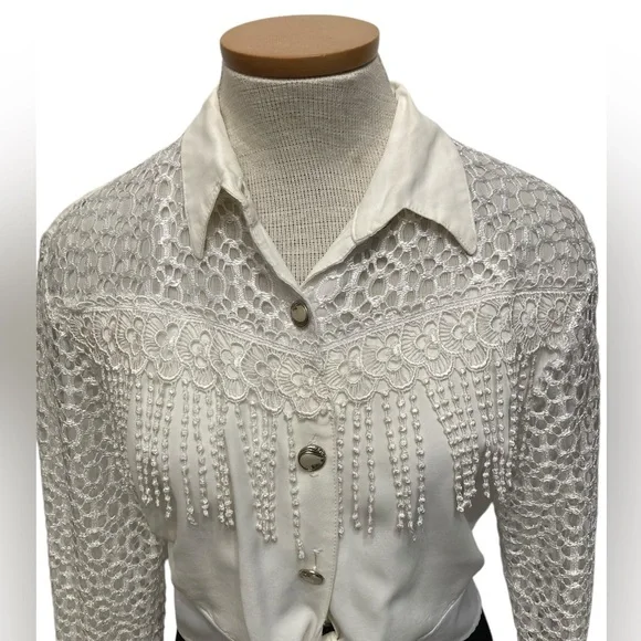 Vintage Western Fringed Crop Top, Lace, White, Women’s, Rodeo, Festival, Small - Picture 2 of 11